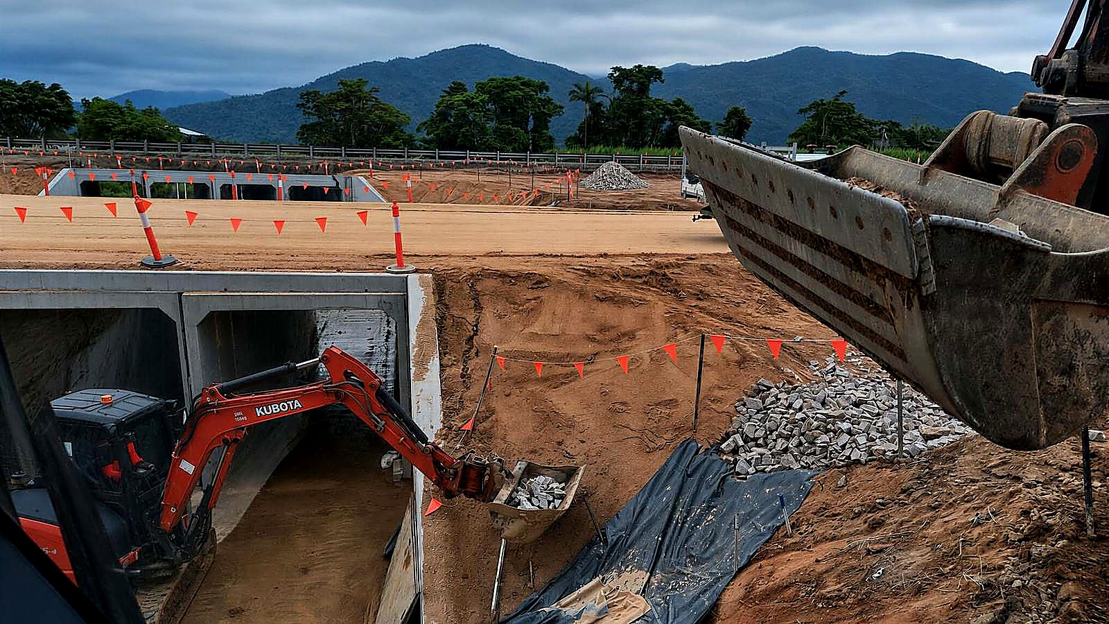 AreeCivil Constructions excavation and concrete culvert works Excavators undertaking earthworks beside a concrete culvert and drainage structure