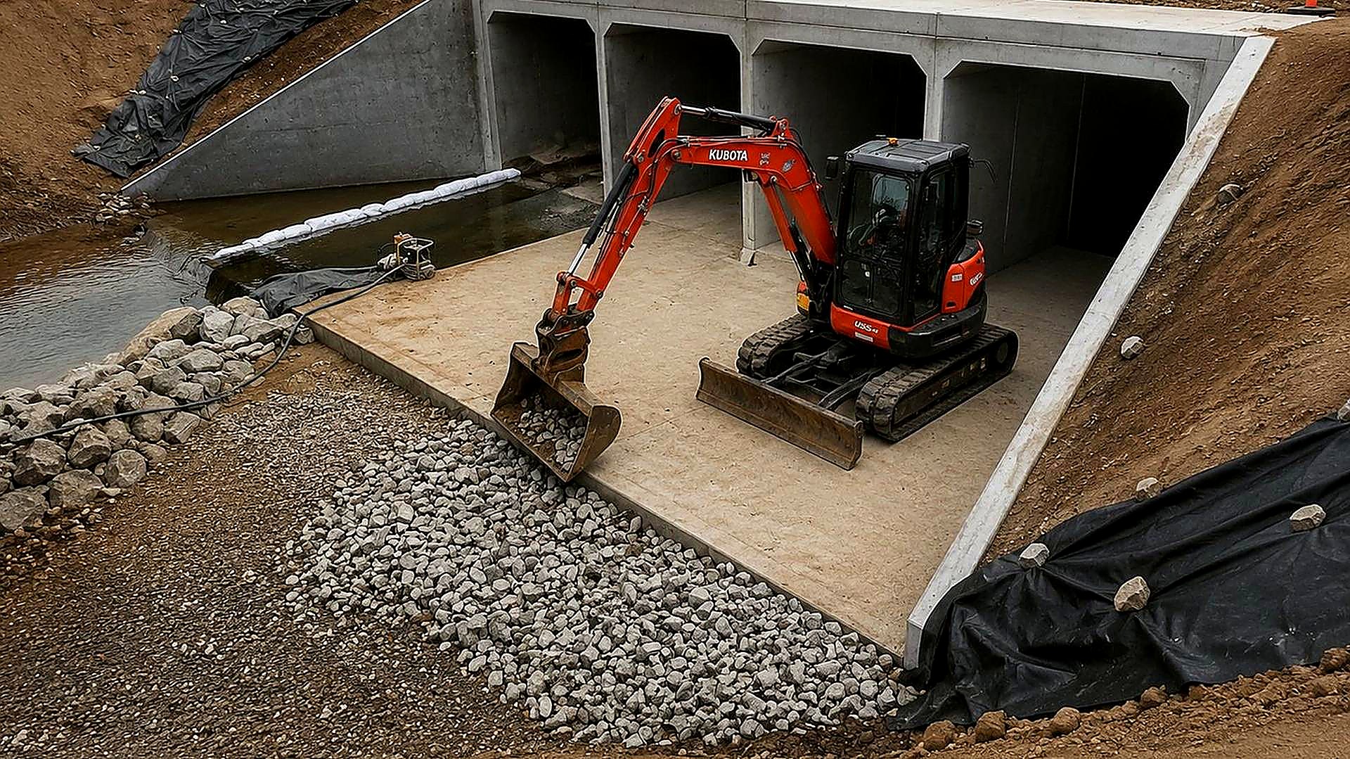 AreeCivil Constructions box culvert excavation Kubota excavator placing rock at a three-cell box culvert on a South East Queensland civil site